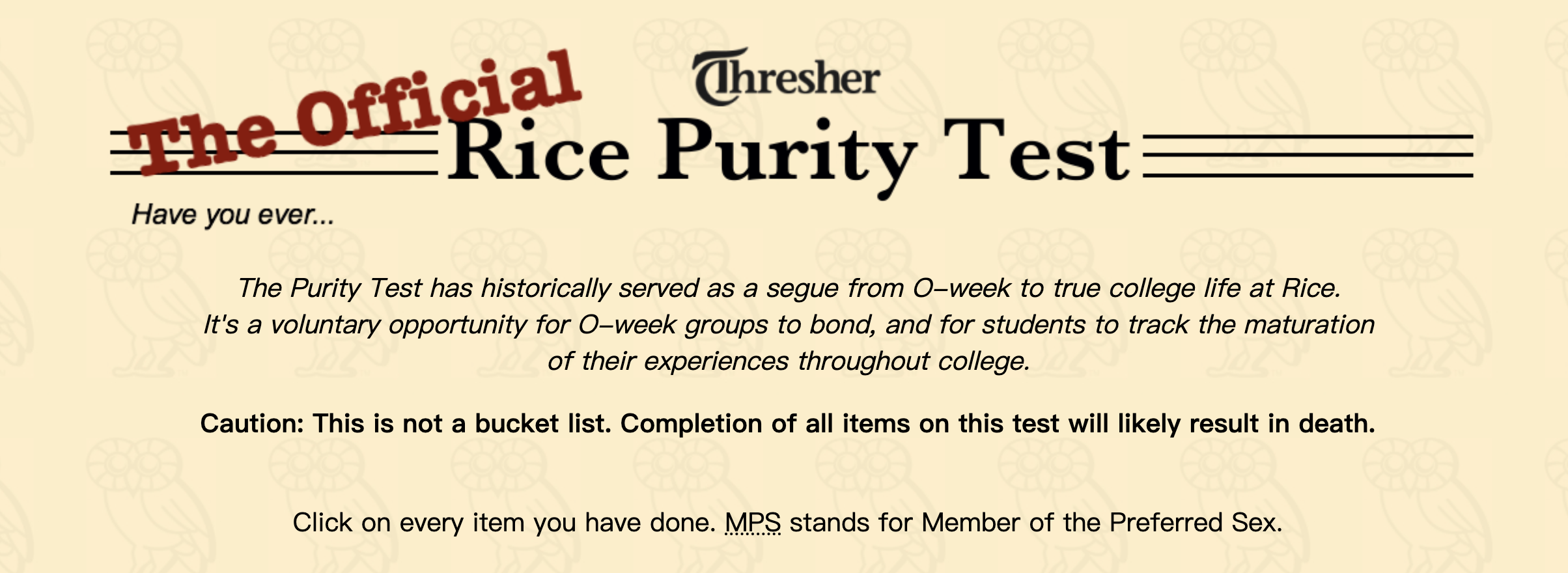 Welcome to the Rice Purity Test